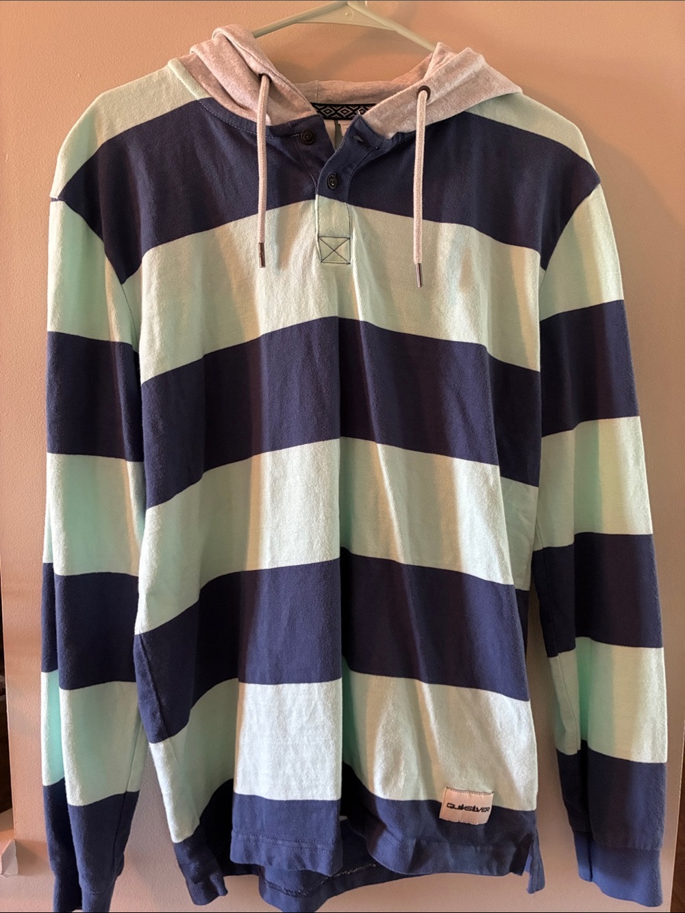 Quiksilver Navy and Mint Striped Hooded Rugby Pullover